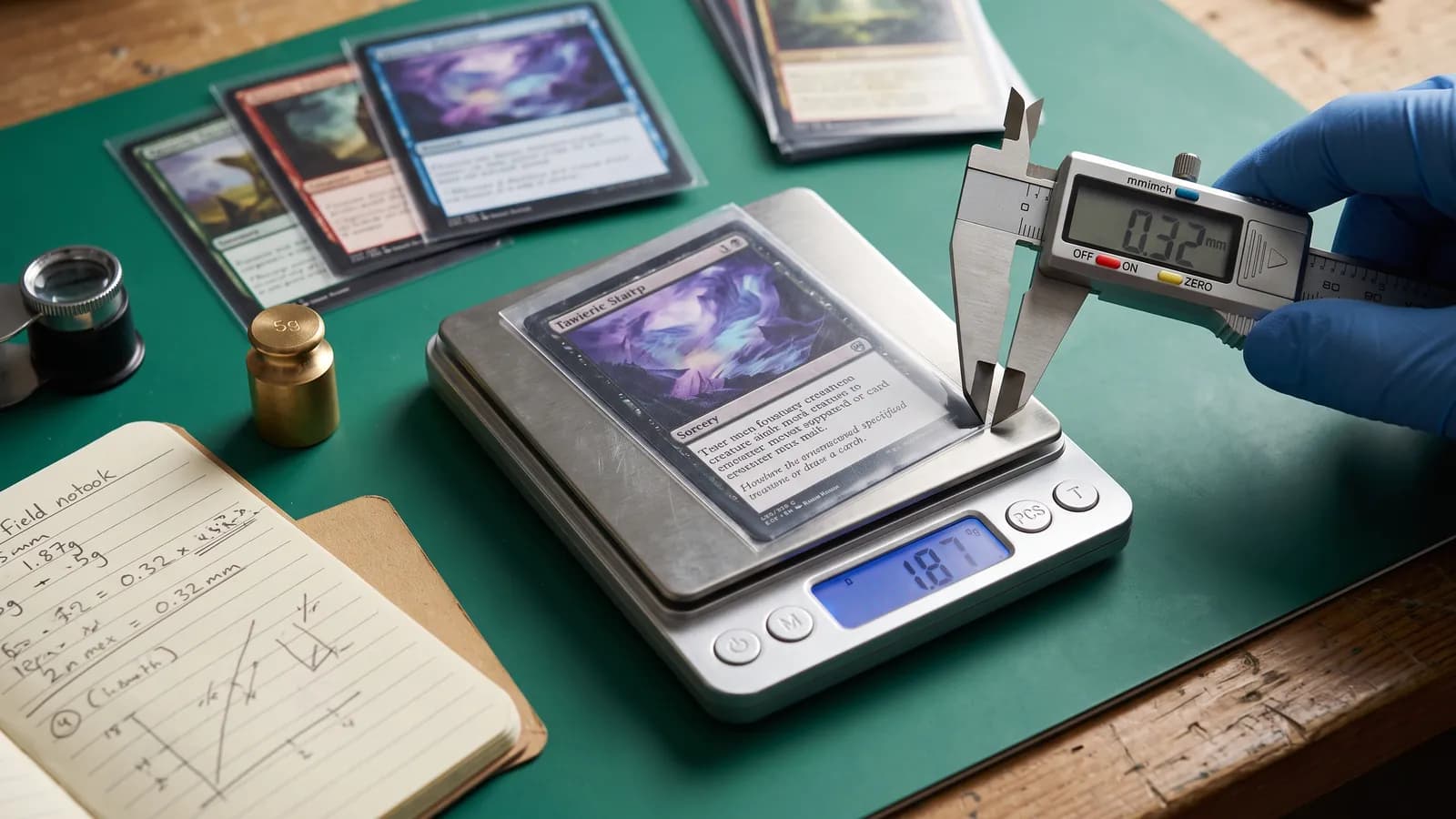 Trading card measured on a precision scale beside calibration and reference tools
