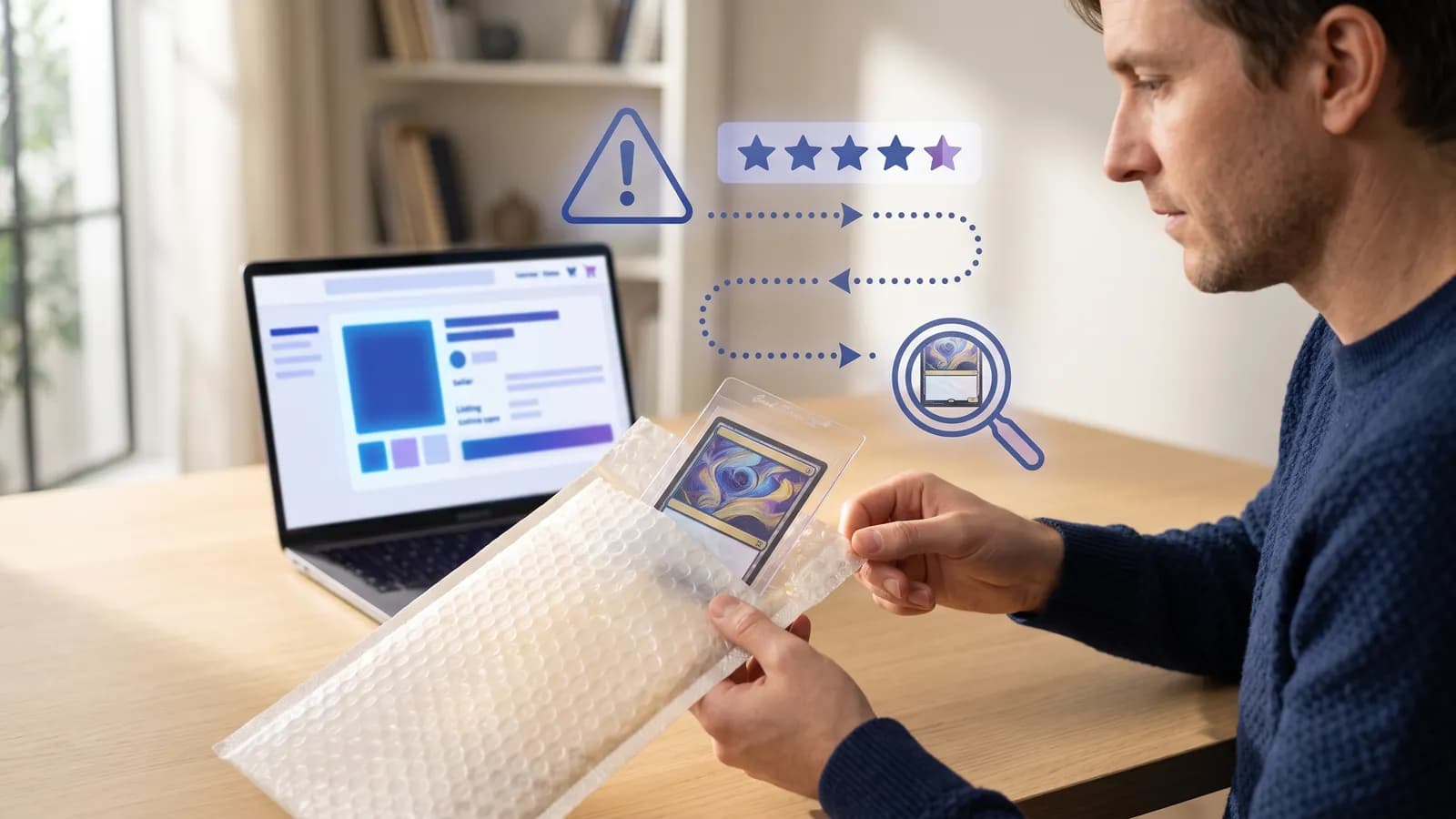 Buyer checking a card shipment against marketplace warning and tracking signals