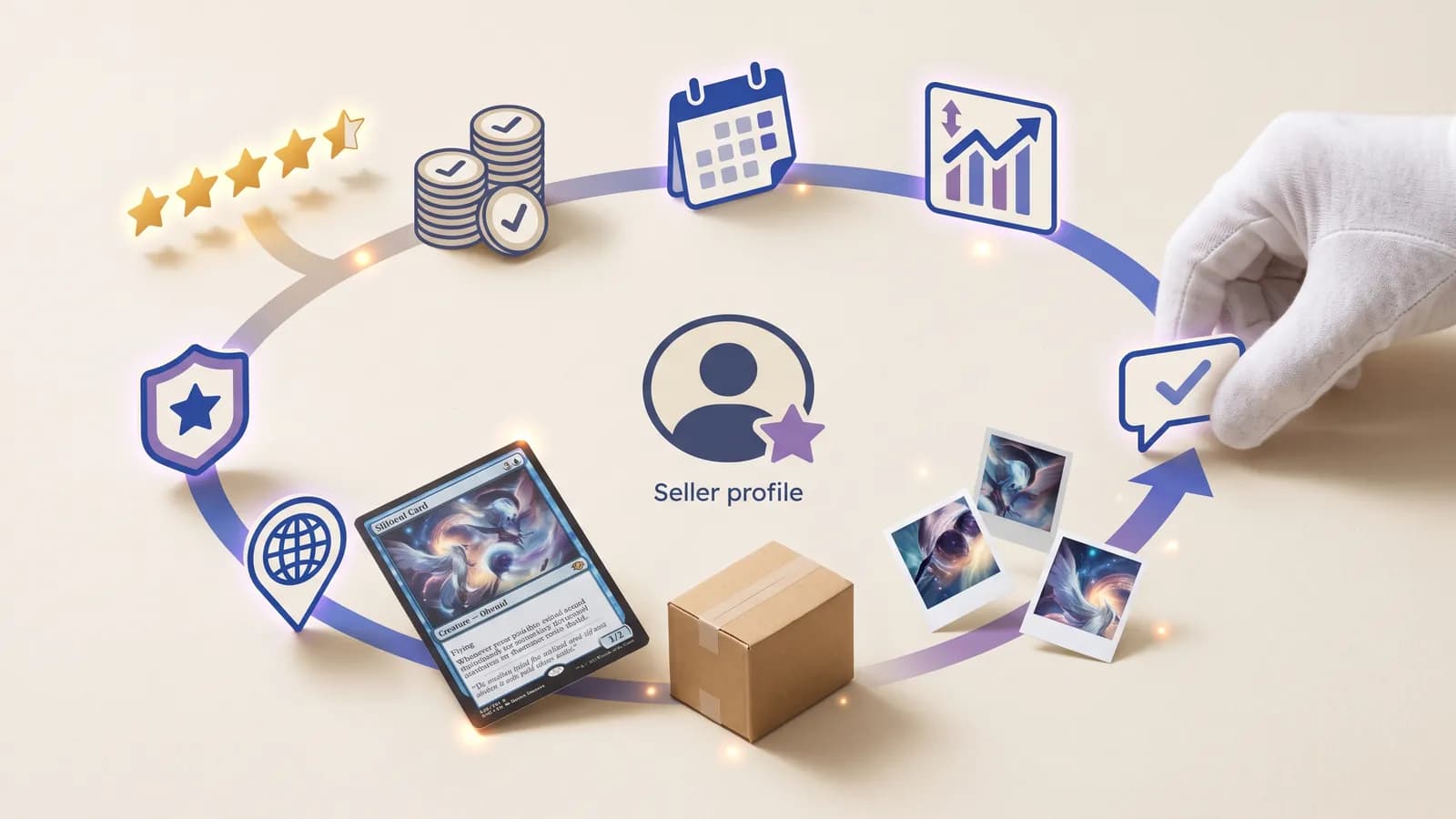Visual checklist for reviewing a marketplace seller before buying a trading card