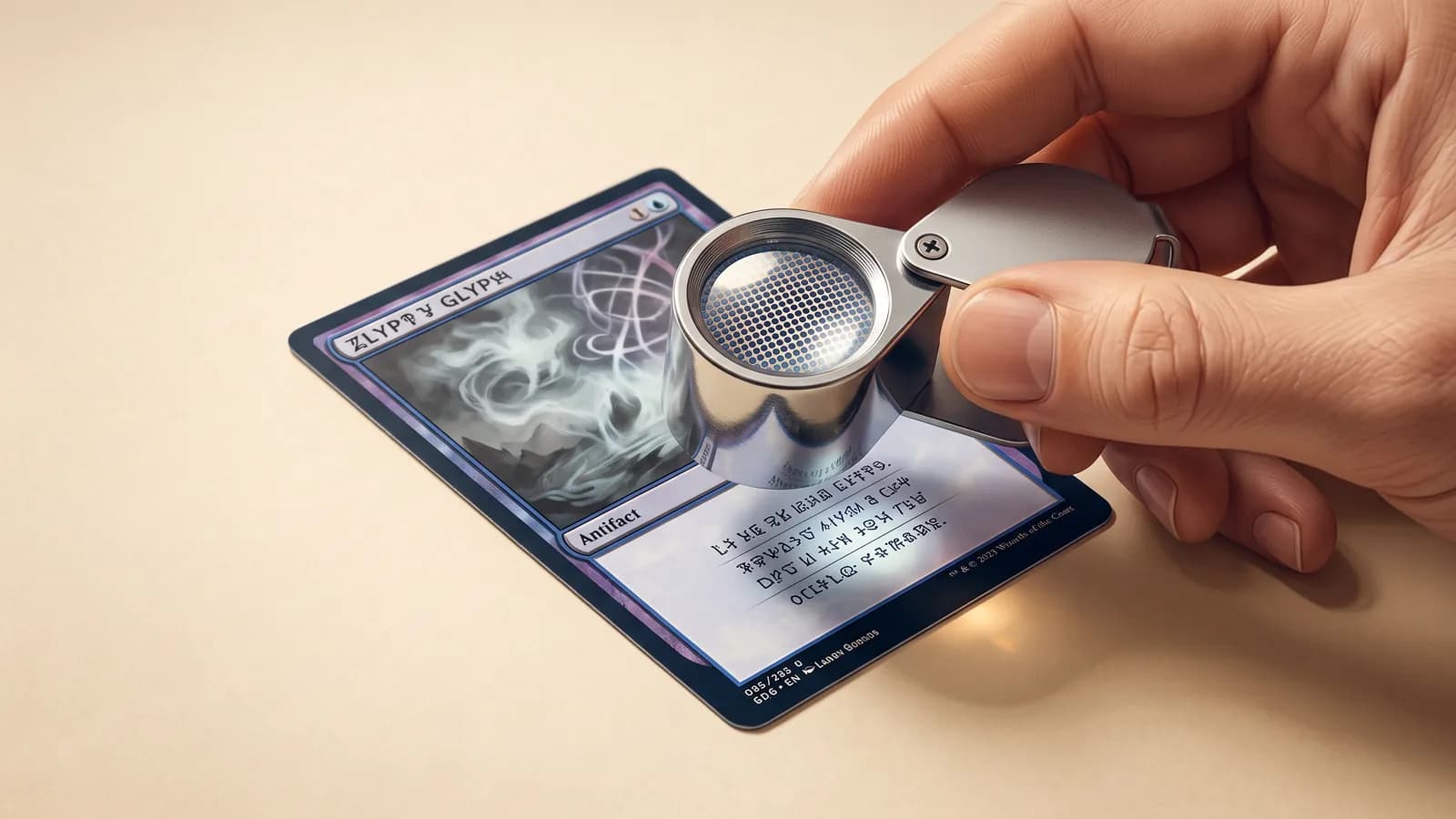Jeweler's loupe magnifying the rosette print pattern of a trading card