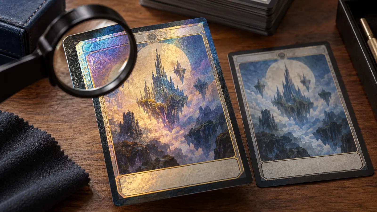 Generic foil trading card examined under a loupe for surface and print details
