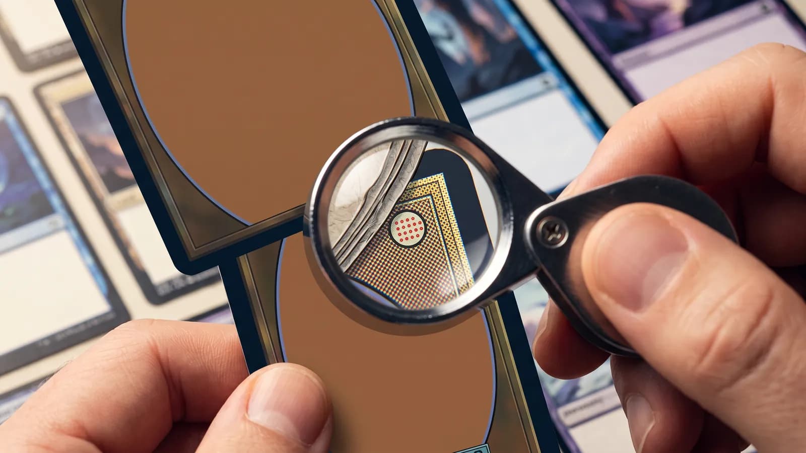 Loupe revealing halftone dots in a green detail on a generic trading-card back