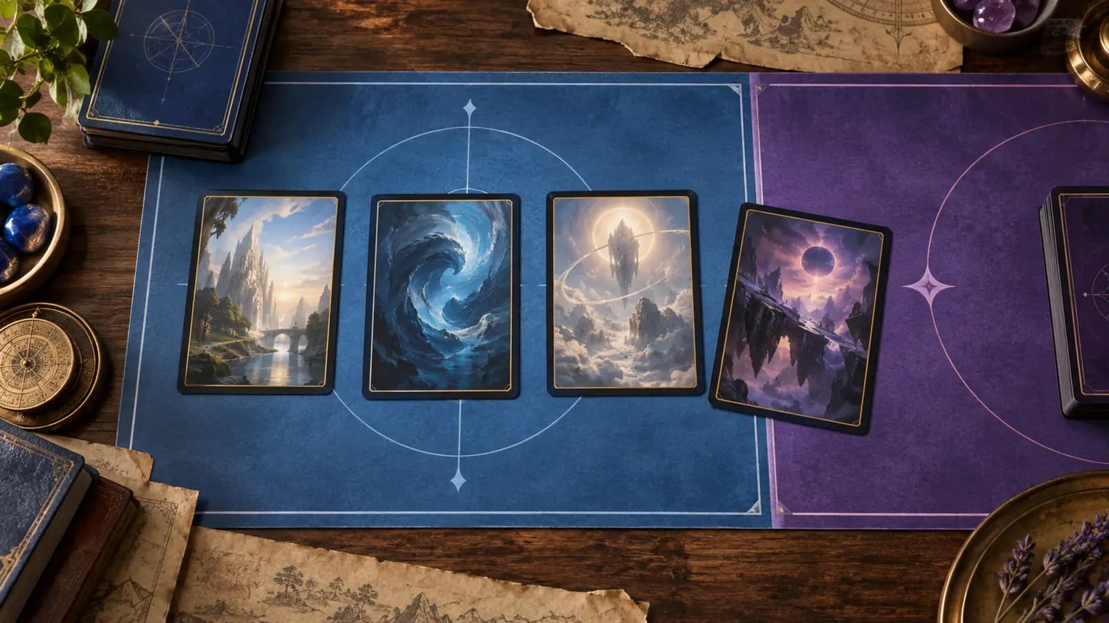 Three highlighted Commander cards with a fourth crossing into a higher bracket