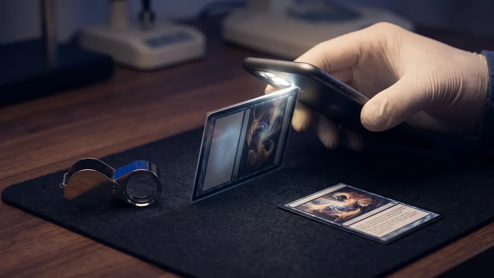 Phone flashlight used for a controlled light test on a non-foil trading card
