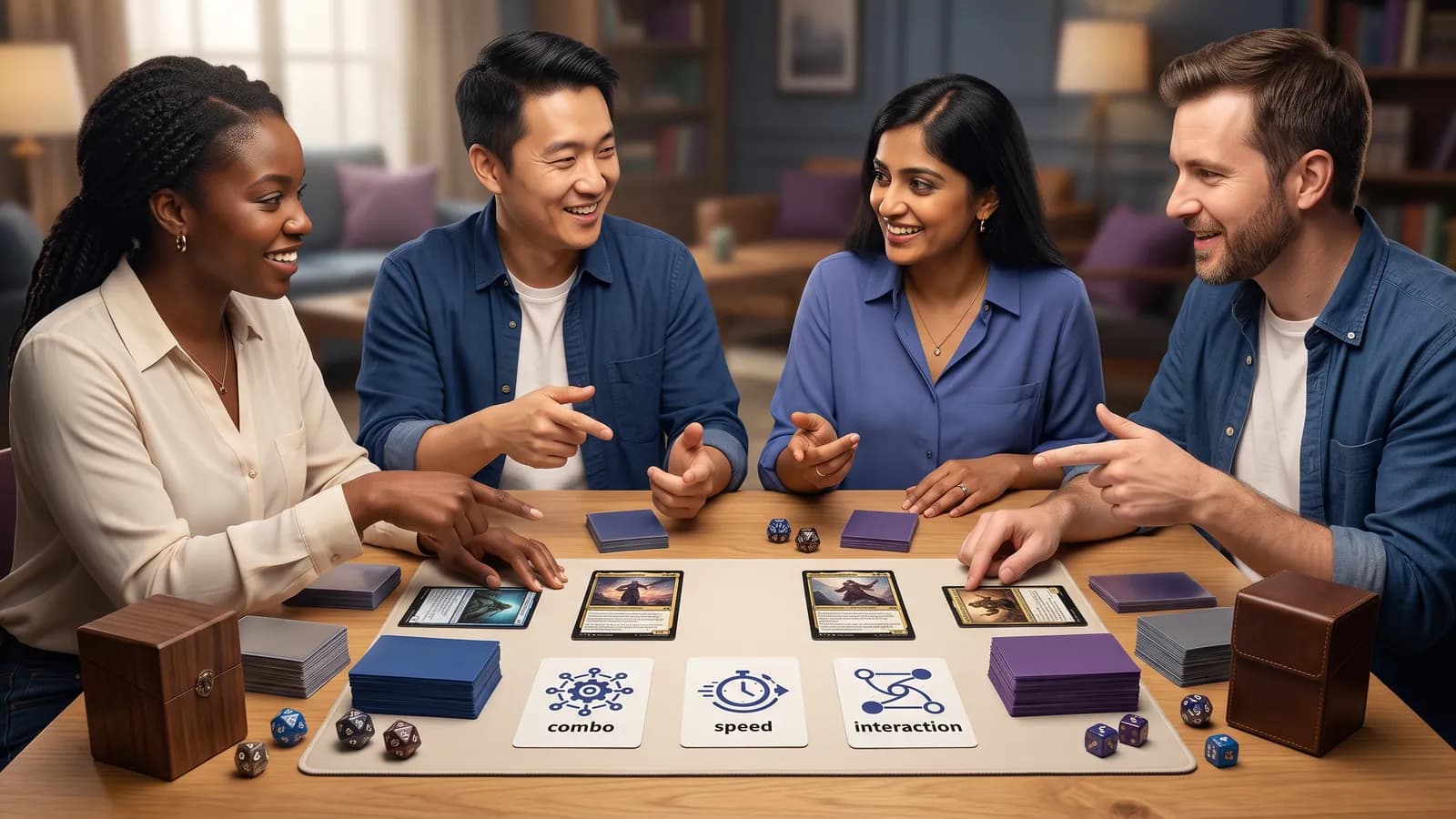 Four players discussing their decks before a Commander game