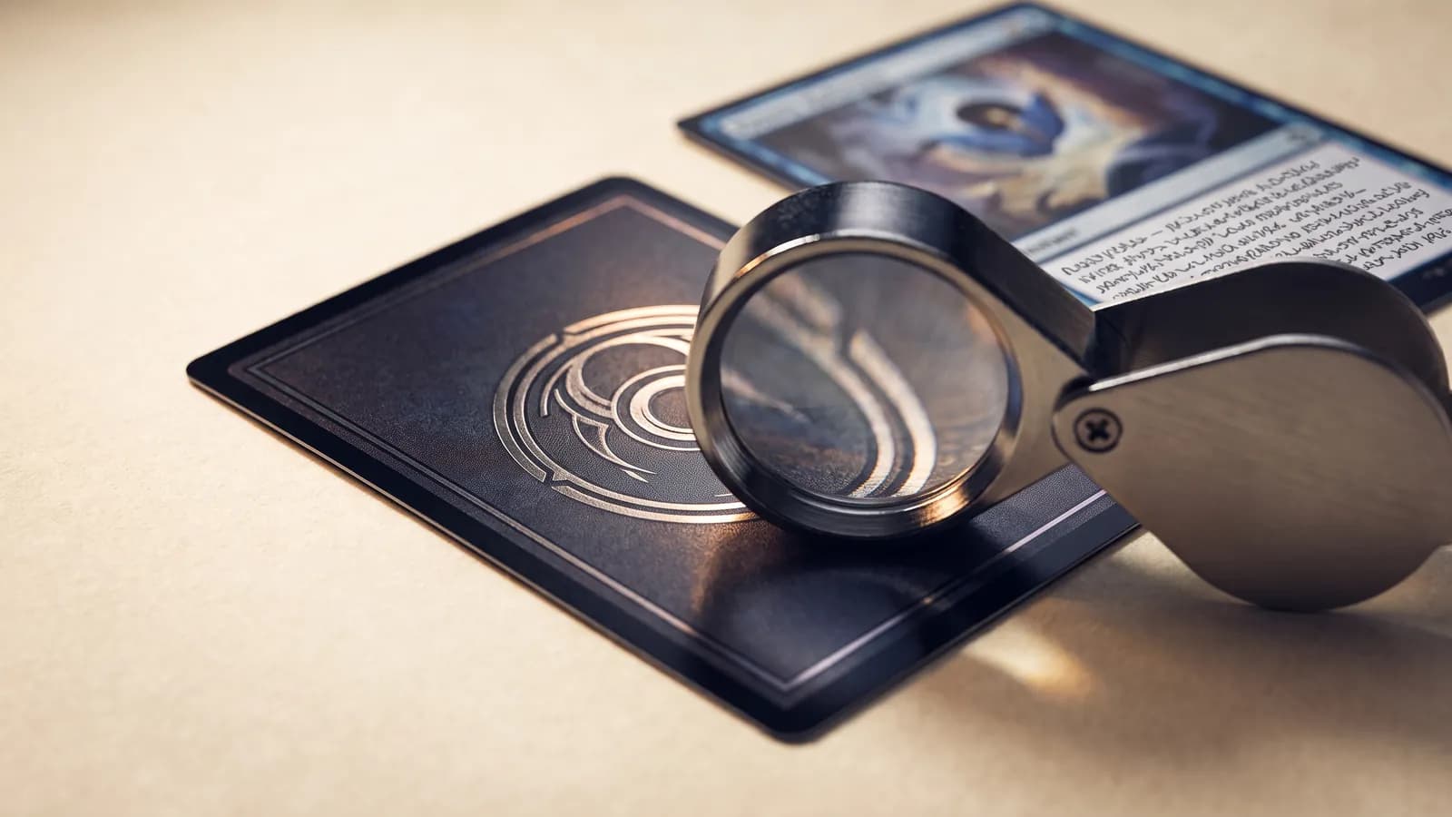 Dark foil trading card examined under a loupe for print and edge details