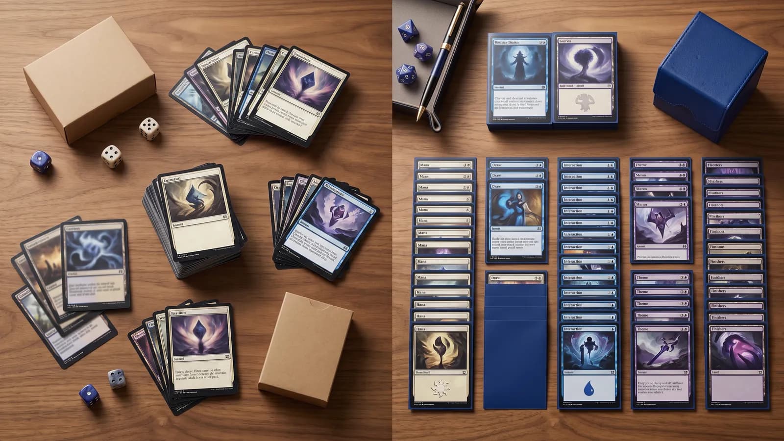 Preconstructed deck reorganized into mana, draw, interaction, theme, and finishers