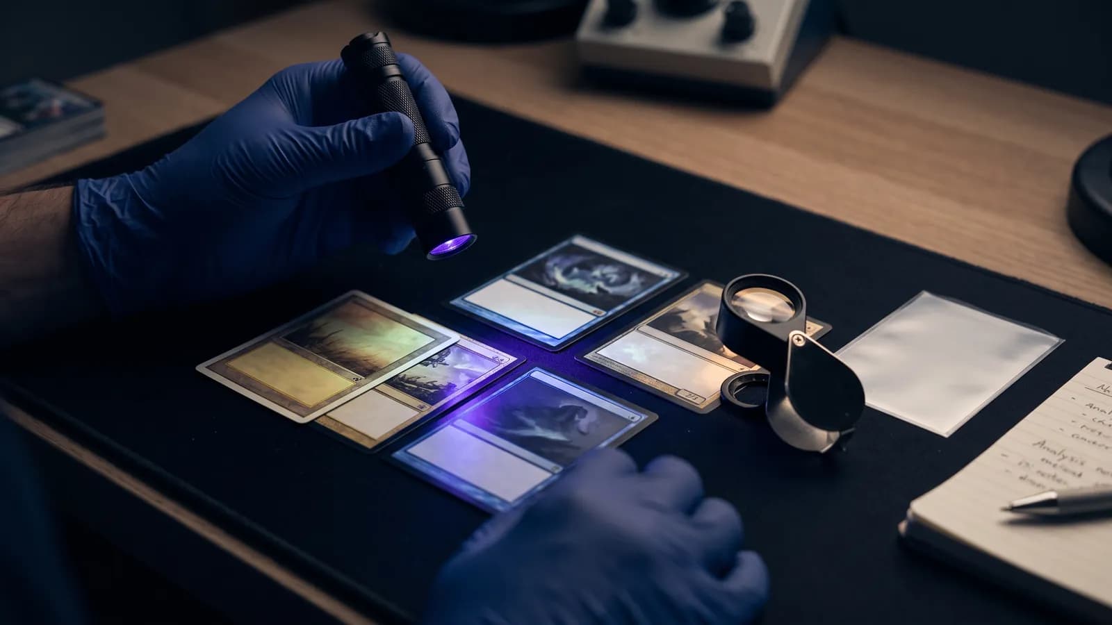 UV flashlight revealing different fluorescence across several trading cards