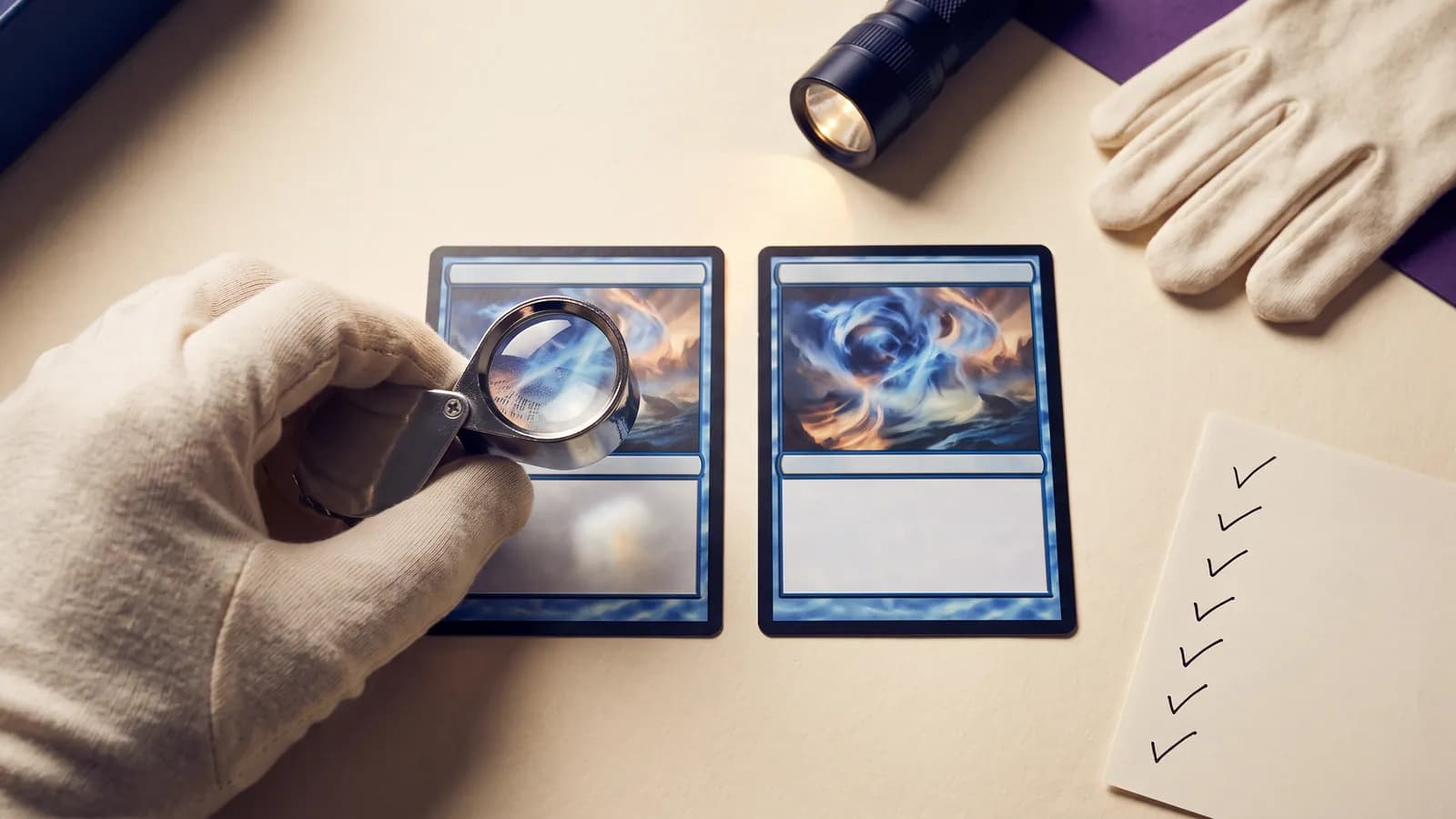 Trading cards beside a loupe and flashlight on an authentication workspace
