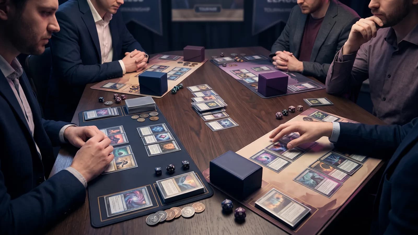 Competitive Commander table with four tightly optimized decks and interaction windows