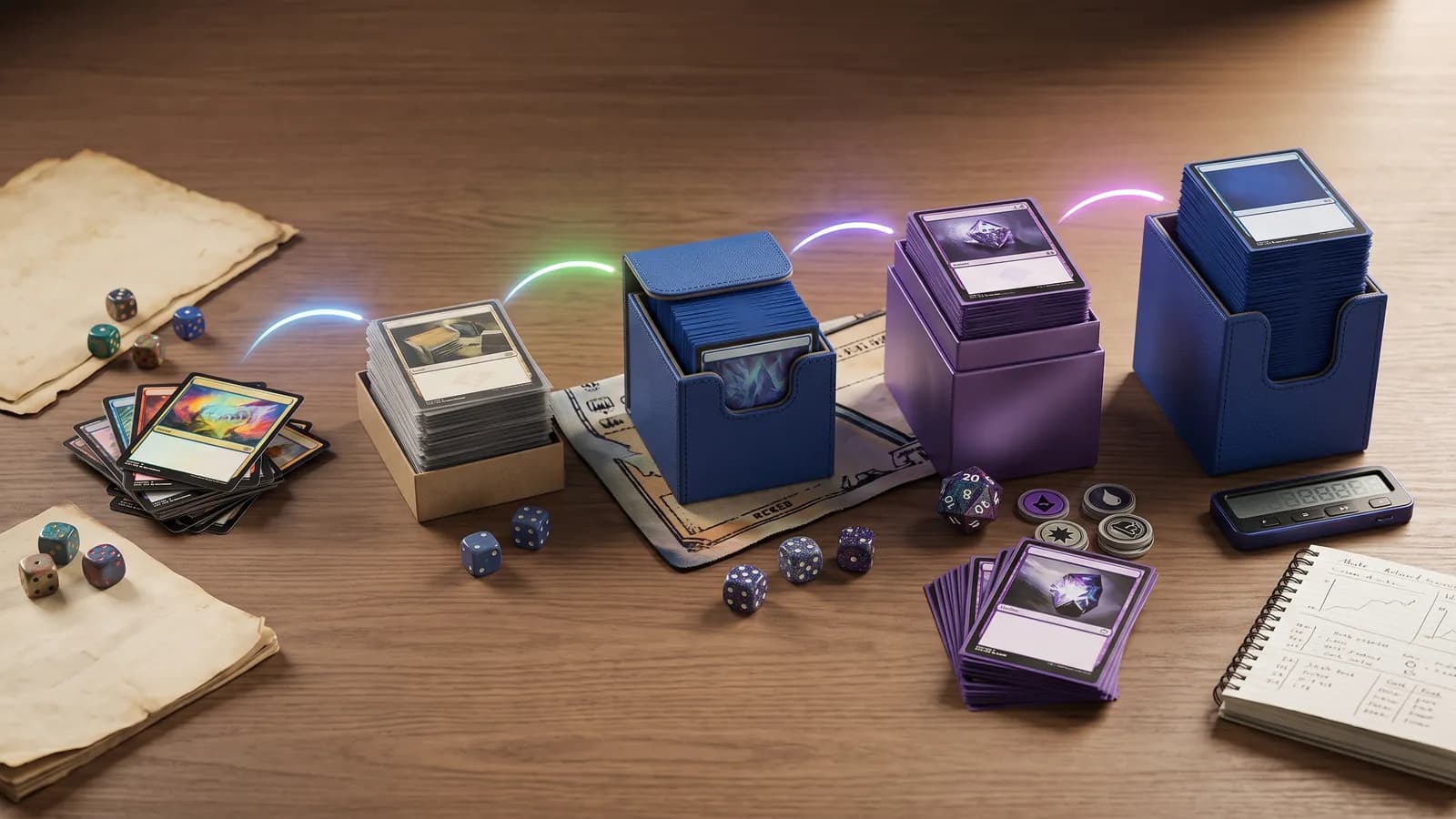 Five increasingly optimized trading-card decks representing Commander brackets