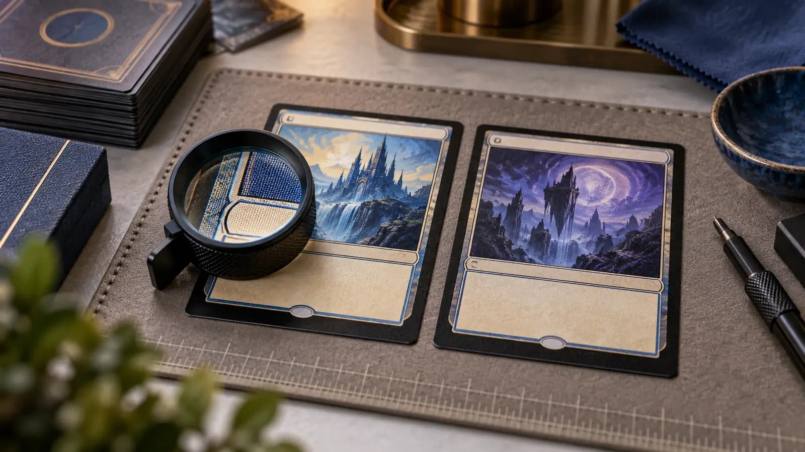 Macro comparison of crisp card typography and print alignment under a loupe
