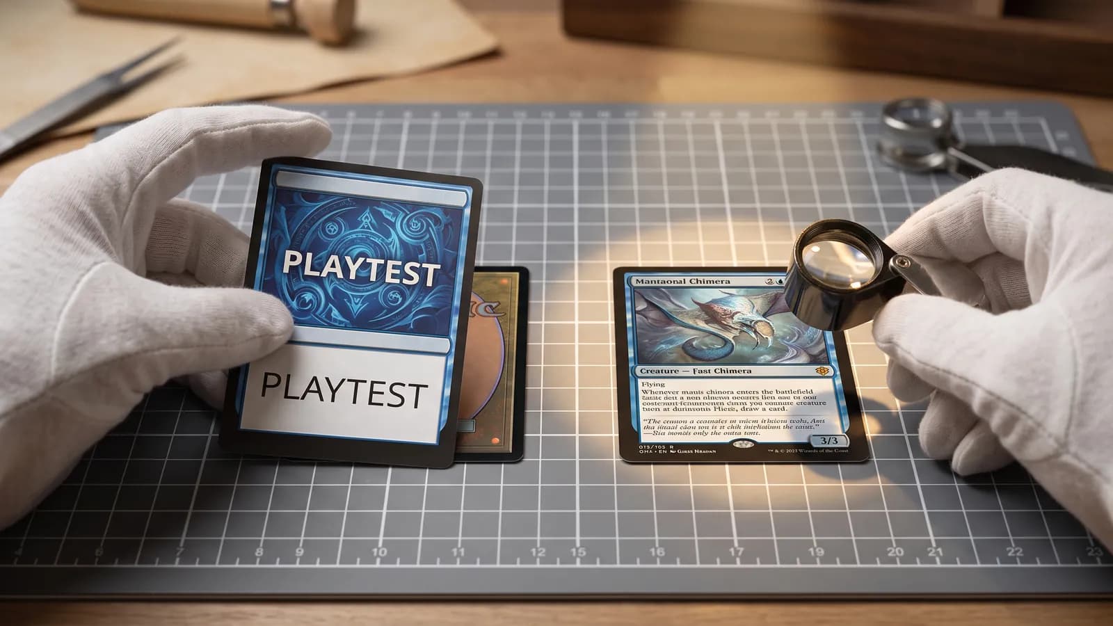 Clearly marked playtest card compared with a deceptively presented trading card